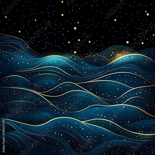 An enchanting digital - art image. It features flowing blue waves with golden outlines set against a star - filled black night sky, creating a dreamy, cosmic seascape.  photo