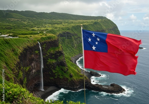 Waving Samoan Flag Symbolizing Polynesian Culture Against a Lush Volcanic Coastline with Water Features
