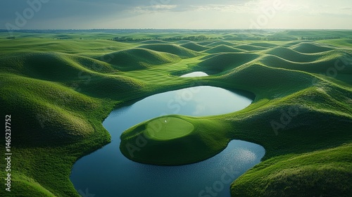 Panoramic golf course with water hazards. Lush greens, rolling hills, and tranquil ponds