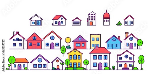 Clean, editable line icons of houses, buildings, and real estate symbols; easily scalable and recolorable,  adjustable,  collection