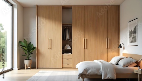 Wooden wardrobe with glass sliding doors in minimalist style interior design of modern bedroom, Modern Closet with Sliding Glass Panels., created with generative ai