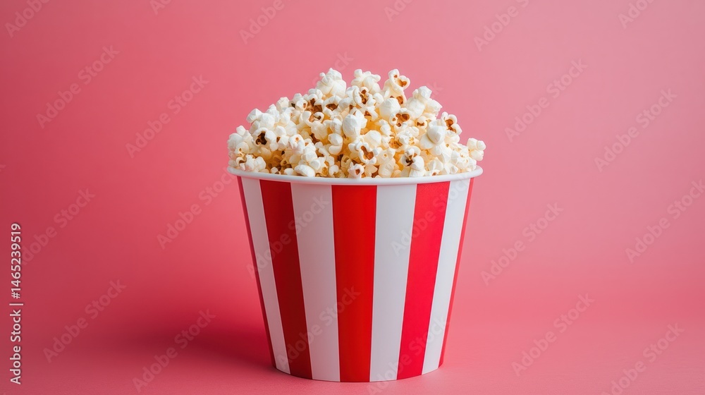 A plastic popcorn bucket with a classic red-and-white striped pattern, filled with popcorn. A plastic popcorn bucket with a classic red-and-white striped pattern, filled with popcorn.