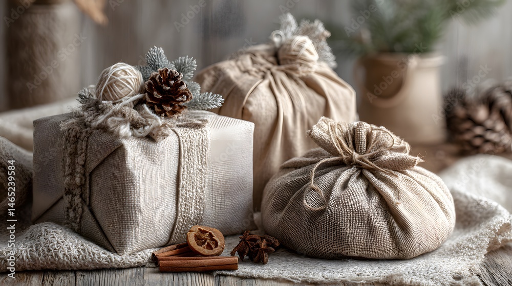 Still life of wrapped gifts with pine cones and cinnamon sticks on a wooden surface in soft light Still life of wrapped gifts with pine cones and cinnamon sticks on a wooden surface in soft light