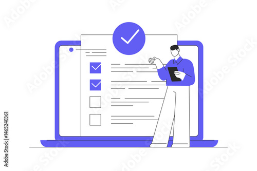 Remote worker complete business checklist on online digital platform. Flat Cartoon Vector Illustration, icon. Stylish abstract design landing page