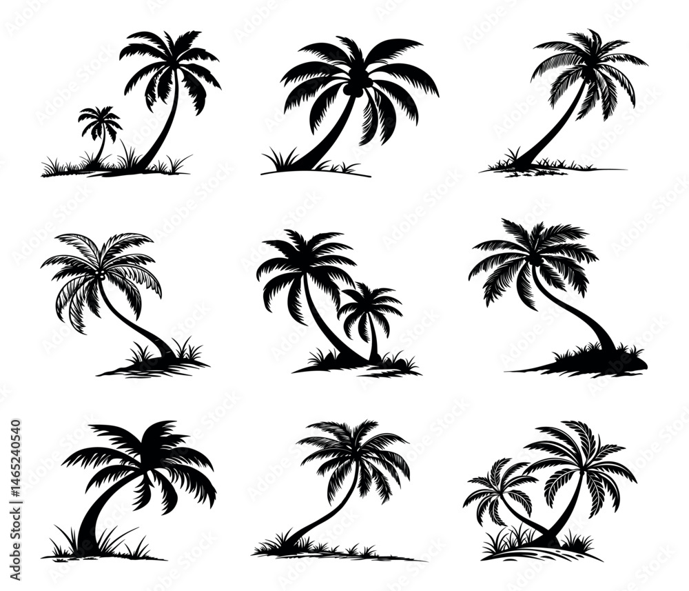 palm tree silhouette collection in various tropical beach