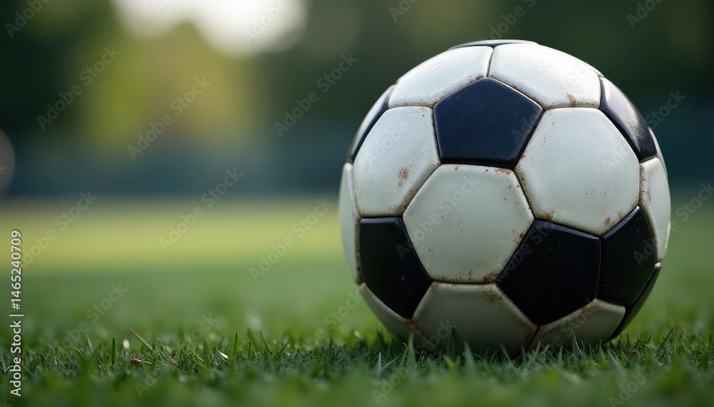 Fototapeta premium Close-up shot of a classic black and white soccer ball Perfect for sports, games, and fitness themes , pitch, monochrome, game day