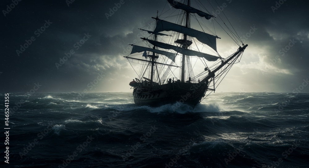 Fototapeta premium Majestic Pirate Ship Navigating Stormy Seas Under Dramatic Sky