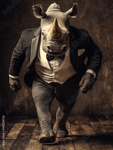 Rhino businessman standing proud in a stylish black tuxedo