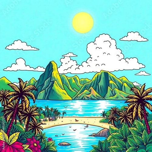 Hand-Drawn Tropical Island with Palm Trees and Mountains