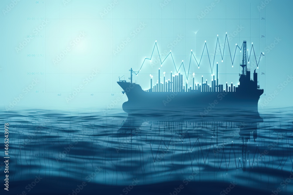 Fototapeta premium Digital illustration of a ship with financial graphs in ocean water.