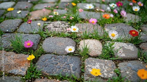 Vibrant wildflowers sprouting between cobblestone paving stones