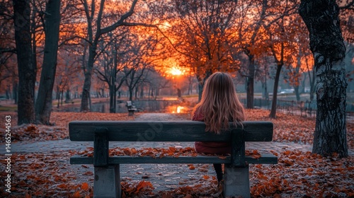 A solitary figure sits on a park bench, bathed in the golden hues of a fall sunset