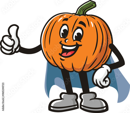 Cartoon pumpkin character in caped superhero style