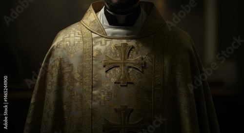 Close-up of a priest's liturgical vestment adorned with golden crosses for a religious ceremony