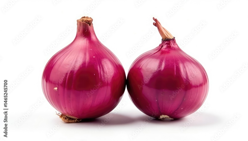 Fototapeta premium Two red onions, various angles, sharp focus, pure white backdrop, stock photo, photography, still life