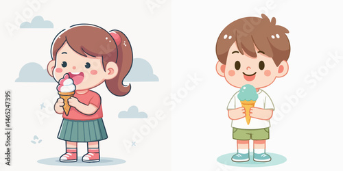 little boy eating ice cream cone while smiling style vector flat design