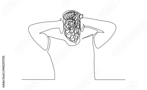 Continuous line sketch drawing art of stress confusing people because any problem. Vector illustration single line editable stroke of business man mess feeling with round scribbles instead of a head