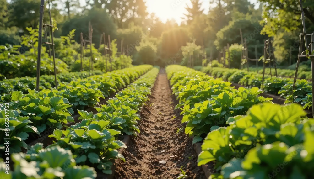 Obraz premium Vibrant Rows of Lush Green Plants in a Sunny Garden