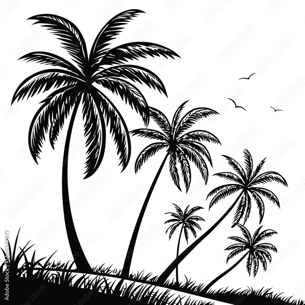 Fototapeta premium Palm trees with birds flying