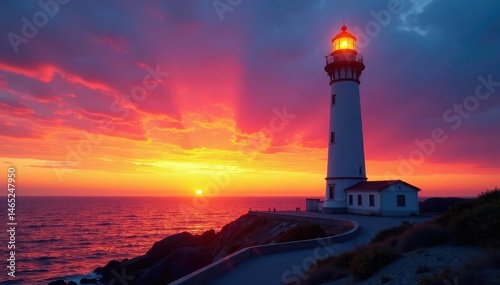 Wallpaper Mural A slender, modern lighthouse silhouette illuminated against a vibrant sunset , ocean, solitary, geometric Torontodigital.ca