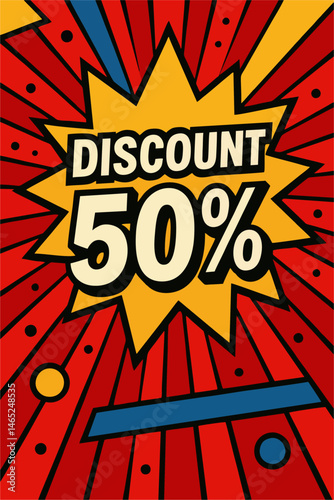 Vibrant 50% off sale poster with bold text and colorful abstract background. Eye-catching design perfect for promotions, advertising, and seasonal sales campaigns.