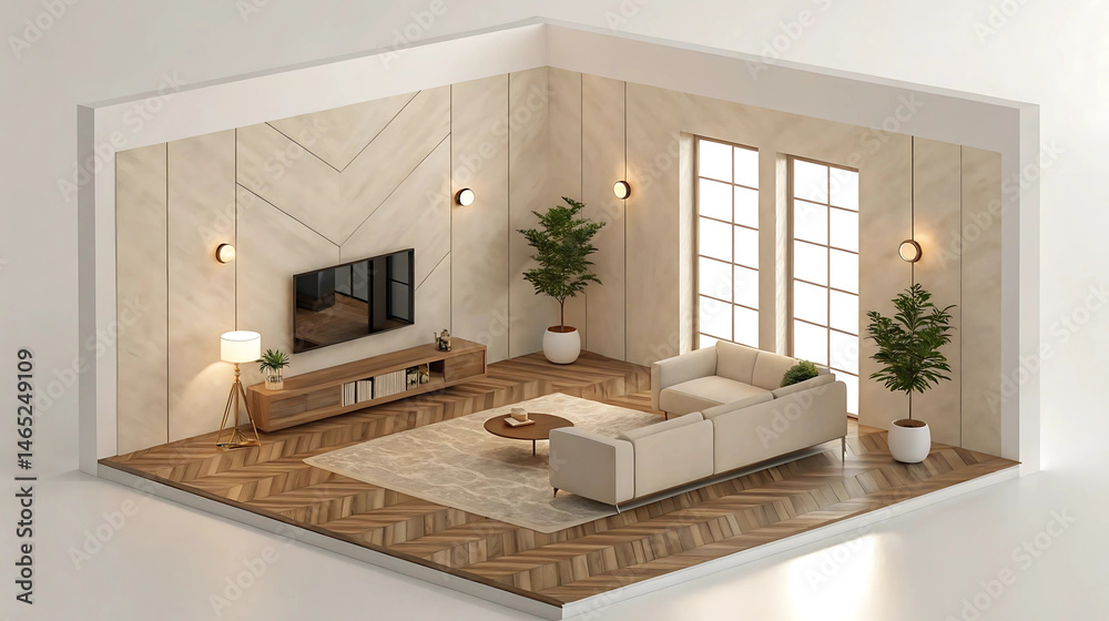 Fototapeta premium Modern Living Room Interior, Warm Beige and Wood Tones, Contemporary Minimalist Design, Cozy Seating Area, Natural Light, Comfortable Ambiance.