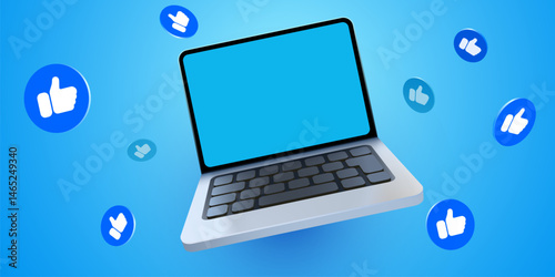 Laptop with Like symbols. Social media marketing concept.