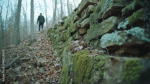 Hiking path through mossy stone wall in forest