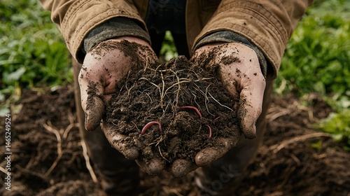 Hands holding fertile soil, earthworms visible