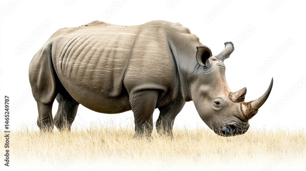 Fototapeta premium A powerful rhinoceros grazing in a grassland, showcasing its impressive horn, on a white background