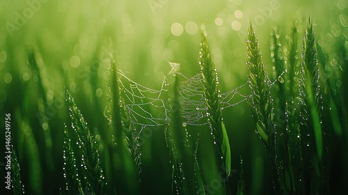 Dew-kissed wheat field with delicate spiderweb