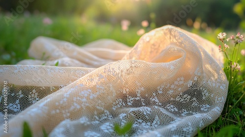 Delicate lace draped on grass, bathed in golden sunlight