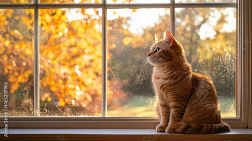 Ginger cat gazes at autumn leaves through window