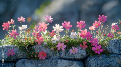 Delicate pink cosmos flowers bloom along a stone wall