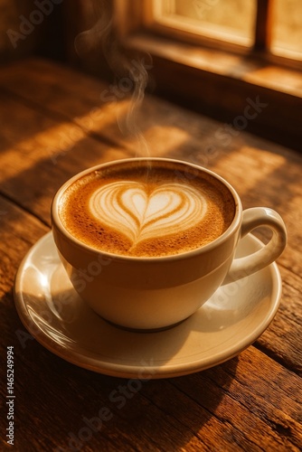 Aromatic Latte Art: Heart-Shaped Cappuccino on Wooden Table by Sunny Window