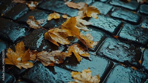 Autumn leaves on wet cobblestones