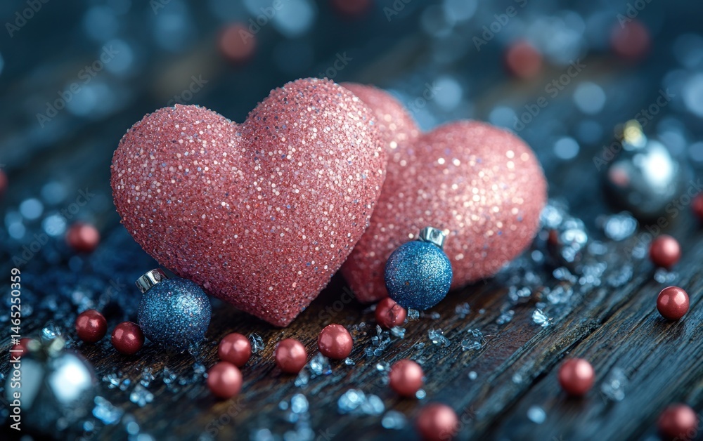 Obraz premium Two glitter hearts, ornaments, wood, winter, romance, holiday card