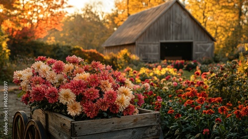 Autumnal flower display in a rustic garden setting
