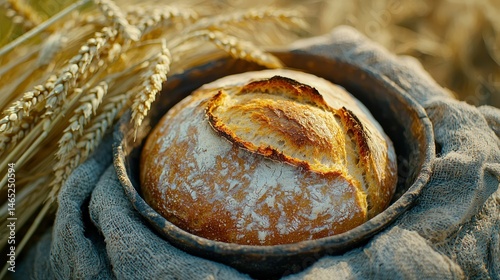 Freshly baked bread in a rustic bowl, surrounded by wheat stalks
