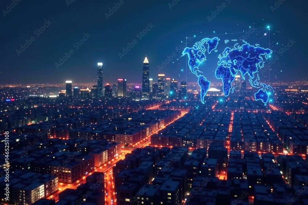 Fototapeta premium Diverse network diagram projected on a futuristic cityscape at night , diagram, workflow, architecture