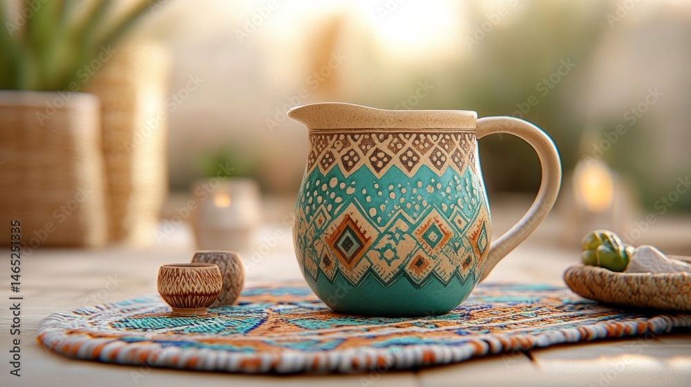 Fototapeta premium Colorful woven mat with a handcrafted ceramic jug featuring vibrant glazes and intricate patterns.