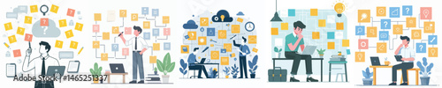workers are brainstorming with sticky notes style vector flat design