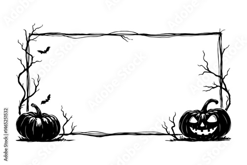 Halloween pumpkins and bats in spooky black frame on white background.