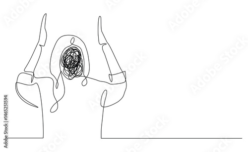 Continuous line sketch drawing art of stress confusing people because any problem. Vector illustration single line editable stroke of business woman mess feeling with round scribbles instead of a head