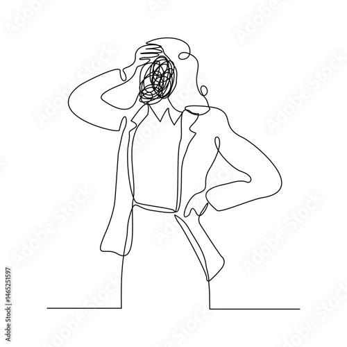 Continuous line sketch drawing art of stress confusing people because any problem. Vector illustration single line editable stroke of business woman mess feeling with round scribbles instead of a head