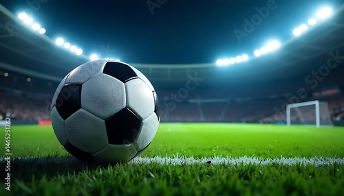 Soccer ball on the field of stadium at night. Mixed media, created with generative ai