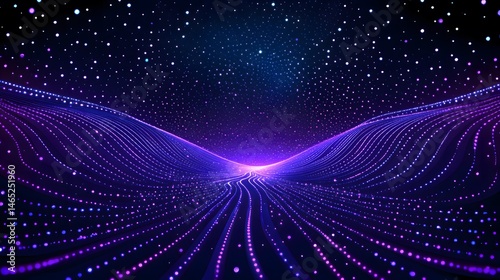 A digital - style image with a cosmic feel. It features a star - filled dark sky above undulating lines and dots in shades of purple and blue, creating an other - worldly, tech - infused landscape. 