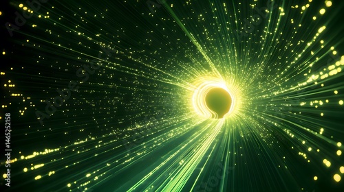 A mesmerizing digital - art image with a glowing, circular center. Green and yellow light rays radiate outward, creating a dynamic, cosmic - like effect.  photo