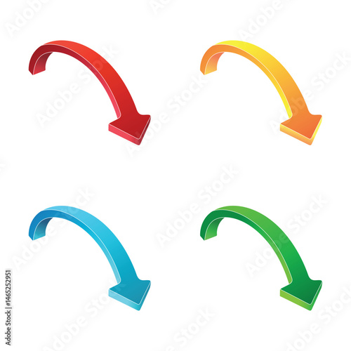 3d curved parabolic long red yellow green blue arrows set vector illustration on isolated white and transparent background