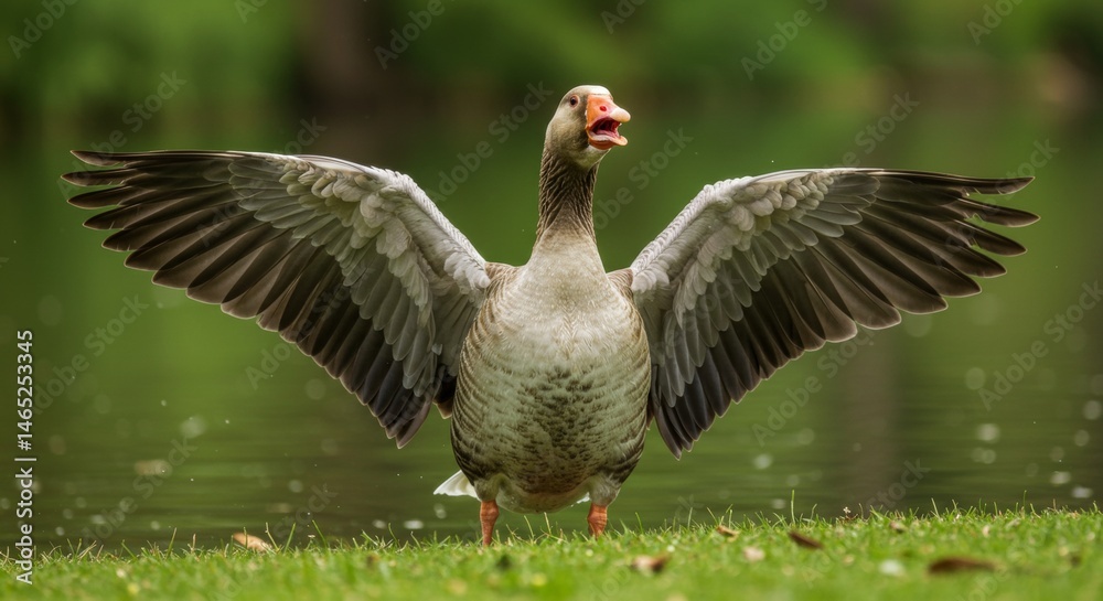 Goose spreading wings on the grass field near the pond in the park Goose spreading wings on the grass field near the pond in the park
